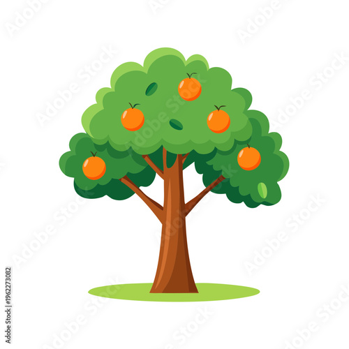 A vibrant illustration of an orange tree with a lush green canopy bearing ripe oranges
