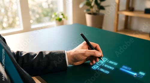 Caucasian Male Adjusting Quality Slider Button in Close-Up Eye-Level Perspective Suit Over Bright Minimalist Background Resolution
