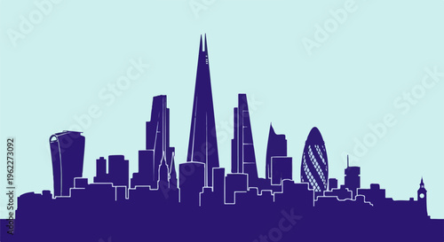 A stylized silhouette of a modern city skyline against a pale blue sky