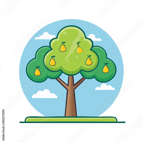 A vibrant illustration of a lush fruit tree with ripe, juicy pears hanging from its branches