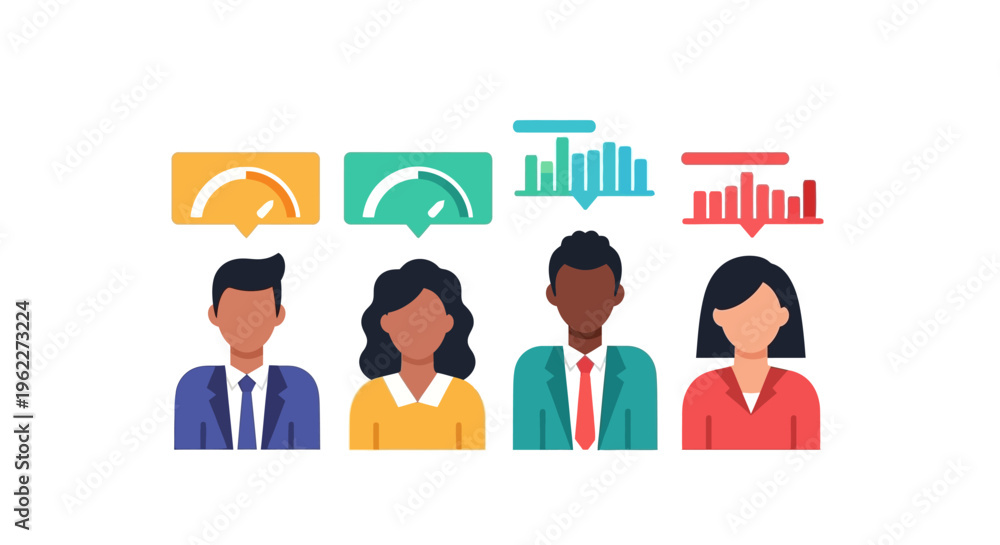 Obraz premium Diverse Team Analyzing Performance Data and User Feedback: Business Professionals with Metrics and Trend Indicators