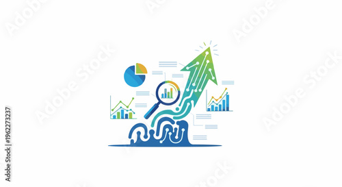 Abstract digital graphic with upward trending arrow and data visualizations