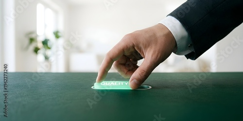 Caucasian Male in Suit Adjusting Quality Slider Button Eye-Level Close-Up Soft Focus Background Modern Minimalist Living Area with Daylight Resolution