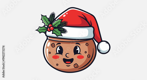 Adorable cartoon gingerbread cookie wearing Santa hat with holly