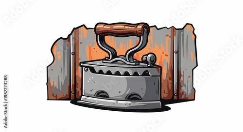 An antique iron with a wooden handle sits before a weathered, corrugated metal background