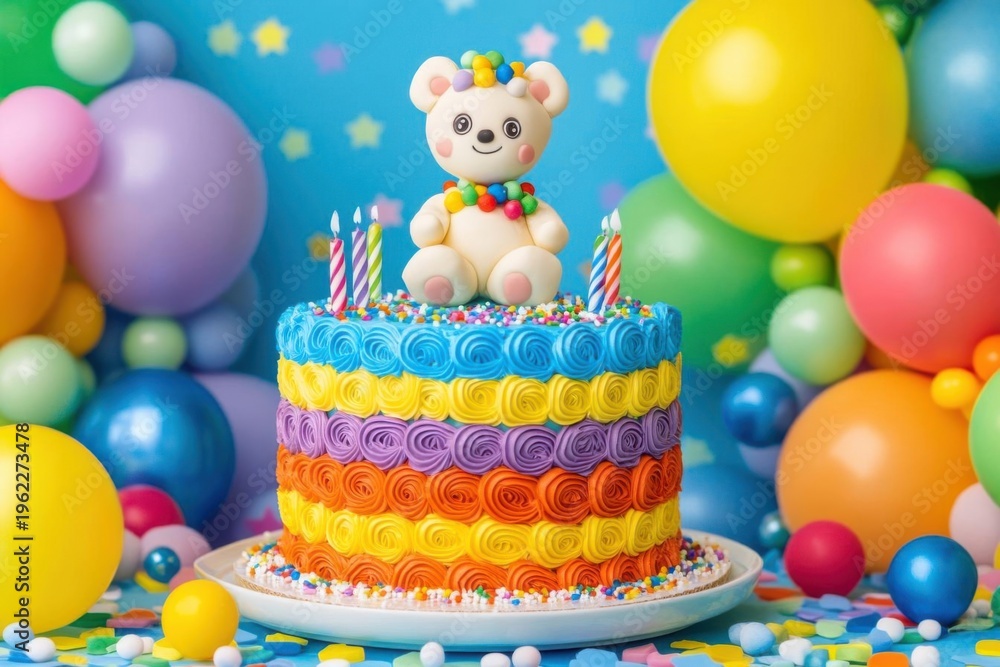 Fototapeta premium Birthday cake with teddy bear and candles on a colorful background
