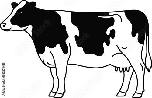 Black and white minimalist cow vector illustration, dairy farm animal silhouette, cattle farming icon, spotted heifer line art, livestock husbandry graphic on white background.