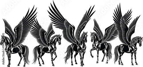 Collection of black pegasus silhouettes with spread wings isolated on white background mythical flying horse vector illustration set for fantasy logo and creative design