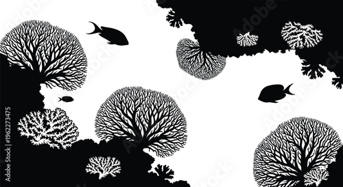 Underwater coral reef silhouettes with fish and marine plants, detailed black ocean scene isolated for aquatic design, sea life themes, and nature illustration projects