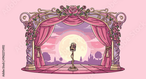 A vintage microphone sits center stage before a grand, rose-adorned proscenium