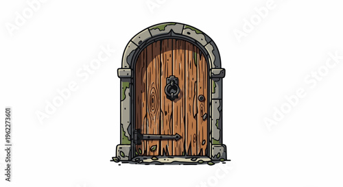 Ancient wooden door with stone archway, featuring a knocker
