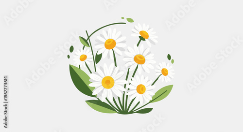 A whimsical illustration of daisies with green leaves and stems