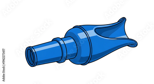 A blue vector graphic illustration of a horn or megaphone with a shiny surface and sleek design