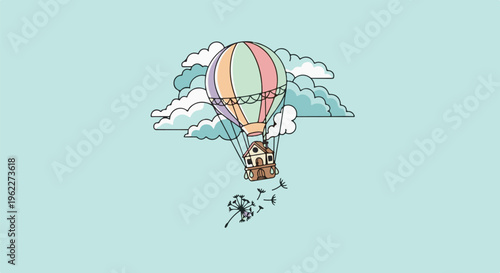 A whimsical house travels in a colorful hot air balloon above clouds