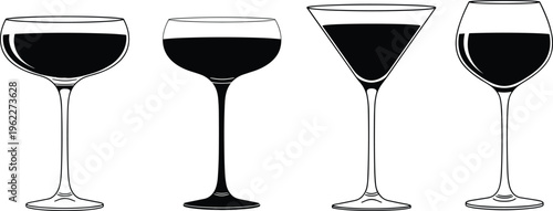  Wine glass silhouettes collection with different shapes including cocktail and goblet styles, black vector set isolated on white background for bar, drink, and design.