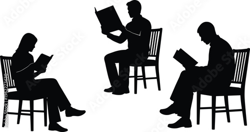 Black silhouettes of three people sitting on chairs reading books, educational study concept vector illustration, concentration posture isolated on white background