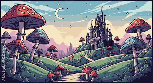 A whimsical landscape features giant mushrooms and a castle under a starry, crescent moon sky