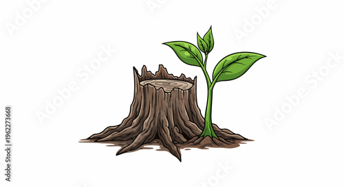 A tree stump sprouts new growth, symbolizing renewal and resilience