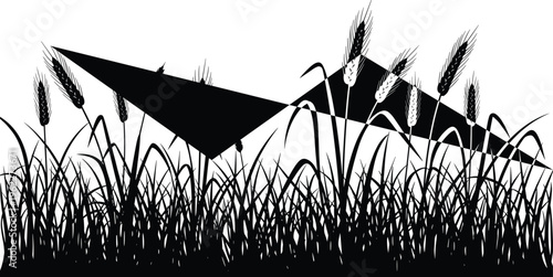 Wheat field silhouette with wild grass and cereal plants, agricultural landscape illustration for farming, harvest season, organic food branding, and rural nature design