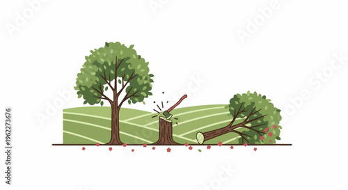 A tree is being chopped down by an axe in a field