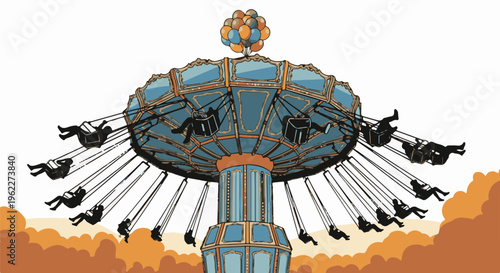 A vintage swing ride with silhouetted people ascends amidst a cloudy, orange sky