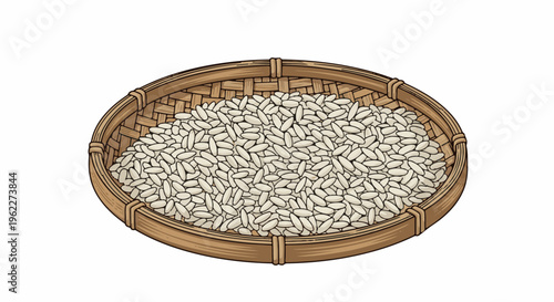 A woven basket filled with a generous portion of uncooked white rice grains