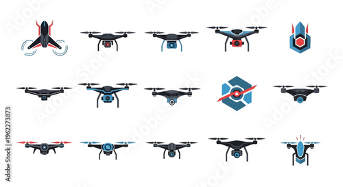 A Collection of Stylized Drone Illustrations Showcasing Varied Designs and Technological Concepts