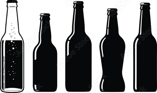 Beer bottle silhouettes collection with different shapes, black beverage container vector set isolated on white background for drink, brewery, and packaging design