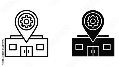 Black and white location pin gear building outline and solid fill