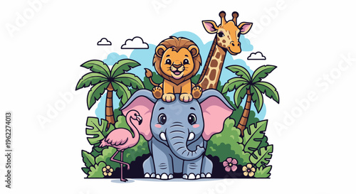 Adorable jungle animals lion, elephant, giraffe, flamingo in lush foliage