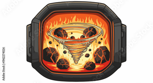 A vortex of molten lava and fiery rocks swirls within a dark, industrial frame