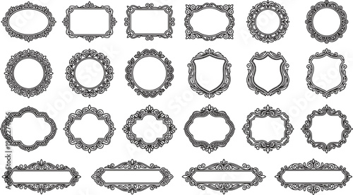 A collection of ornate picture frames in various shapes and sizes on a white background