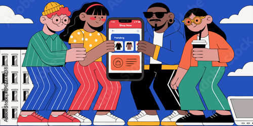 Group Of Friends Browsing Shopping App On Mobile Phone Together