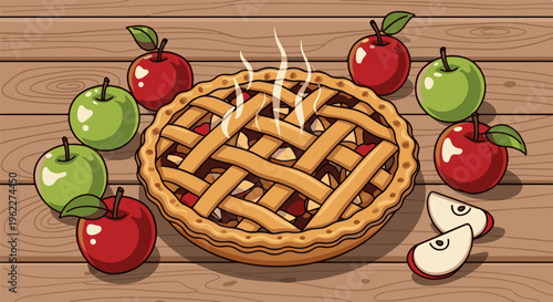 A warm, lattice-topped apple pie sits on a wooden surface with apples