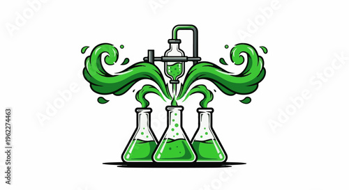 Animated green liquid drips from a flask into three beakers