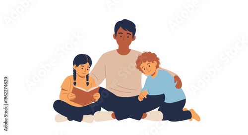 Diverse Family Reading Together: Father and Children Bonding with a Book, Promoting Home Education and Connection