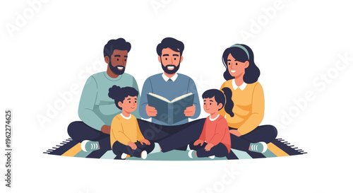 Happy Diverse Family Reading Storybook Aloud: Parents and Children Bonding on a Rug. Illustration of Togetherness and Shared Learning.