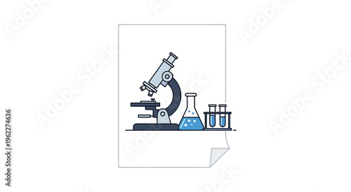 Illustration depicting scientific research using microscope and lab equipment on paper sheet