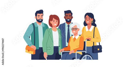 Diverse Multigenerational Group with Senior Woman in Wheelchair: Inclusion, Community, Care, Support & Accessibility