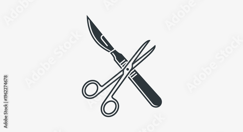 Medical illustration featuring surgical tools: scalpel and scissors crossed, minimal design