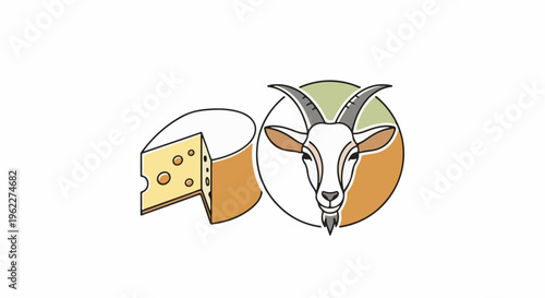 A wedge of cheese and a goat's head in a circular frame