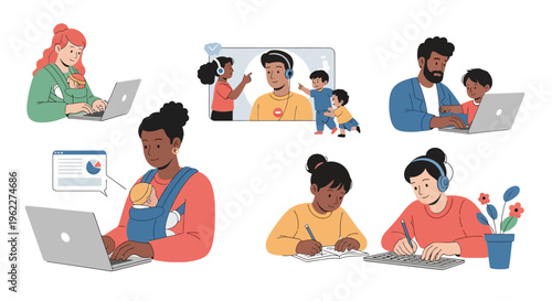 Diverse Individuals Balancing Remote Work, Parenting, and Education: Modern Lifestyles at Home