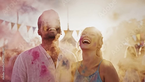 A couple smiles brightly while celebrating the Holi festival, surrounded by colorful powders and festive decorations. The joyful atmosphere is enhanced by sunlight and vibrant colors in the background