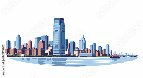 A vibrant cityscape featuring tall, modern buildings reflected in calm water