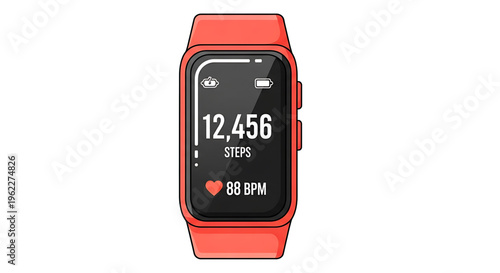 A modern smartwatch with a red band displays fitness tracking data on its screen