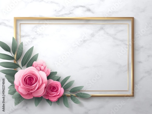 Elegant Floral Frame with Pink Roses and Green Leaves on Marble Background for Invitations and Announcements