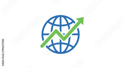 Global financial growth depicted with an upward arrow and world globe illustration