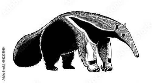 High Contrast Black and White Anteater Vector Illustration in Full Body Pose