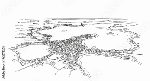 Aerial sketch of a town nestled among lakes and surrounded by trees