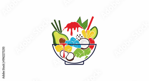 A vibrant dessert bowl brimming with fruits, jellies, and ice